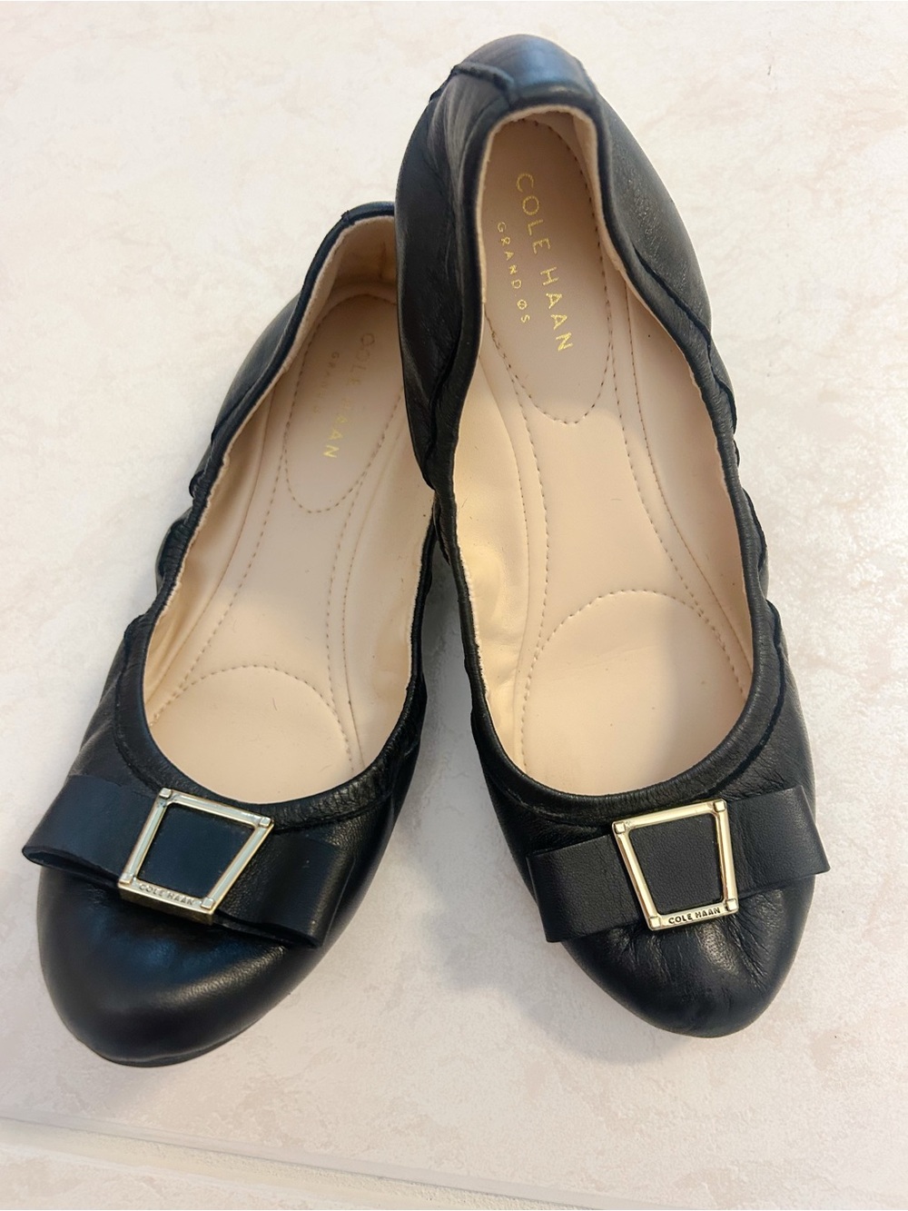 Cole Haan Black Leather Ballet Flats with Gold Square Accent